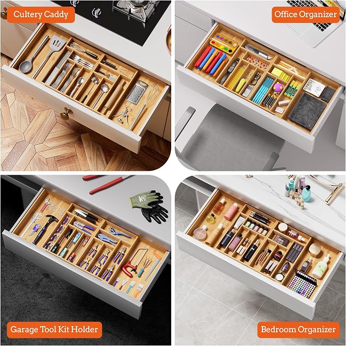Silverware Organizer Large, Magnetic Connected Expandable 13 Slots Silverware Drawer Organizer From 21 to 37.4 Inches, Adjustable Flatware and Cutlery Holder, Bamboo Utensil Tray for Kitchen Natural - Image 8