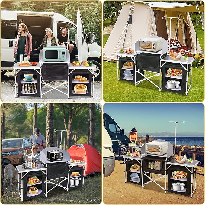 Nice C Camping Kitchen Table, Folding Cook Table, Cook Station (Silver) | Portable Grill Table, Upgraded Light Stand, Windshield, 3 Organizers, Carry Bag, Grill, Outdoor, Beach, BBQ, Picnic, Cooking - Image 4