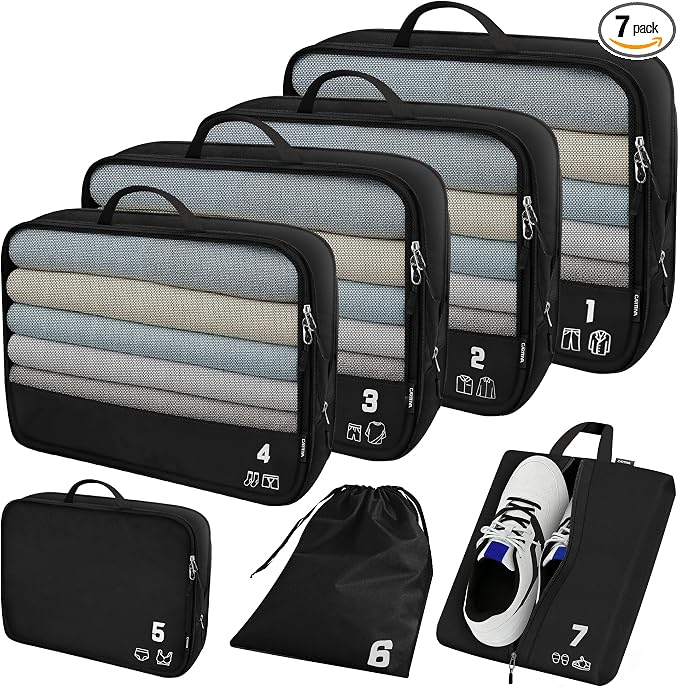 7 Set Compression Packing Cubes for Travel, Luggage Organizer Bags for Suitcases with Mesh Panels, Shoe Bag & Toiletry Bag for Carry On, Vacation & Cruise Essentials (Black) by Carttiya