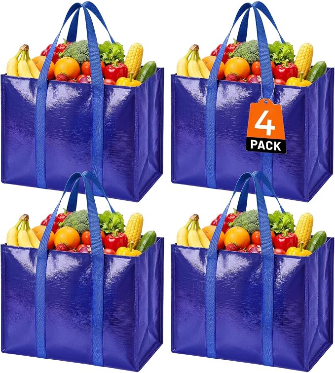 Reusable Grocery Bags, Waterproof & Foldable Shopping Bags Stand Upright | Heavy Duty Shopping Tote Bags, Waterproof & Foldable with Long Handles for Bulk Shopping, Versatile Storage 4 Pack-33L by WiseLife
