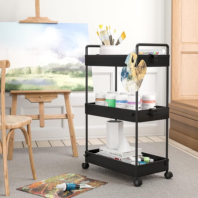Ronlap 3 Tier Slim Rolling Storage Cart with Wheels Utility Organizer,Black | For bathroom, laundry, kitchen, bedside & dorm. Fits art, craft, snack, makeup, nail, diaper & postpartum baby supplies - Image 6