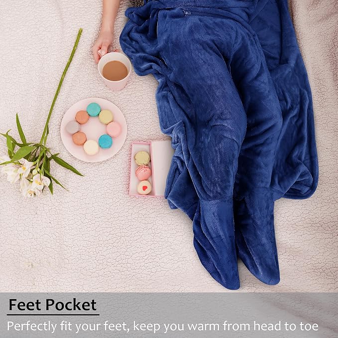 Tirrinia Travel Blanket Pillow - Wearable Airplane Blanket with Feet Pockets for Long Flights, Airplane Accessories Blanket Robe for Women and Men, Gift for Her - Image 3