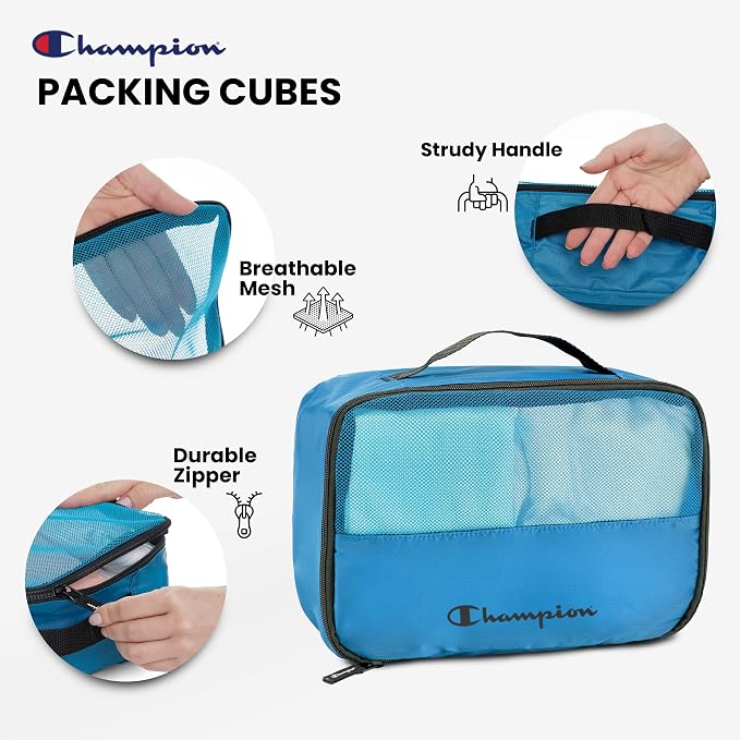 Champion Packing Cubes for Travel - 6 Piece Organizer Set, Carry-On Ready | Breathable mesh, sturdy handles; 3 cubes, 1 laundry bag, 2 zip pouches; zipper closure; fits carry-on and full-size suitcases - Image 4