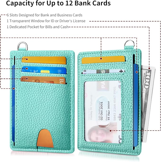 Mayski Slim Wallet, Credit Card Holder for Women, Minimalist Front Pocket RFID Blocking Card Cases, Small Wallet Women Men(Litchi Ocean Green) - Image 6
