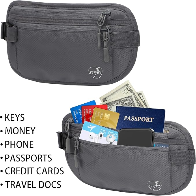 Money Belt, Hidden Travel Wallet for Passport, RFID Blocking Passport Pouch, Undercover Fanny Pack(Grey) - Image 3