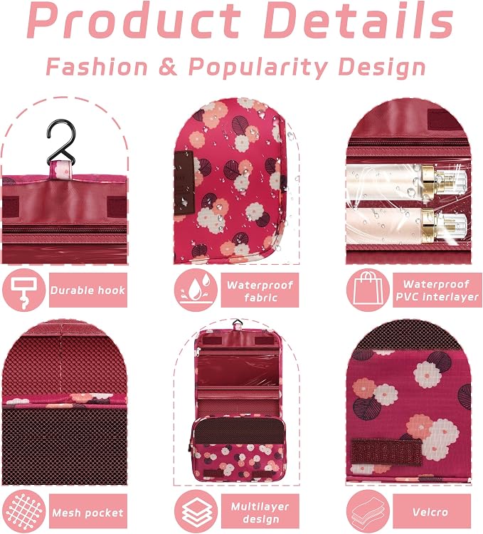 Toiletry Bag Travel Bag with Hanging Hook,Wine Red FLower | Waterproof Small Capacity Hanging Makeup Bag for Toiletries, Portable Cosmetic Bag Travel Organizer for Women Men - Image 3