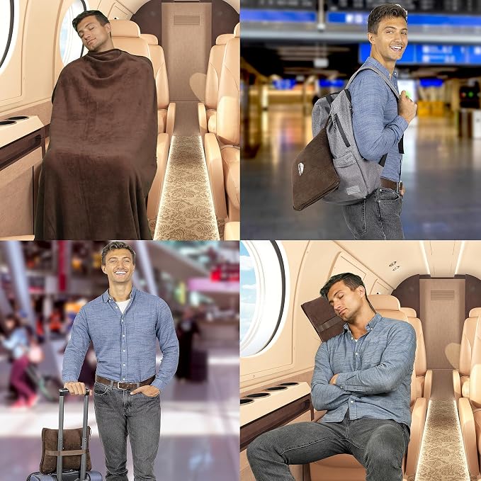 BlueHills Premium Soft Travel Blanket Pillow Air Plane Essentials - Brown | Travel Pillow/Blanket, Portable Flight Throw in Soft Bag Pillowcase, Lightweight Comfort, Luggage Strap, Airplane Essentials - Image 3