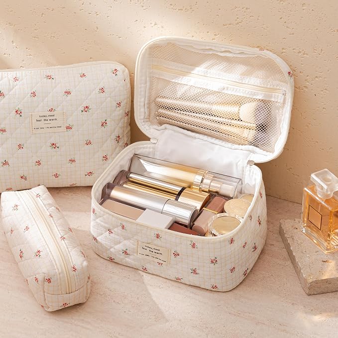 HBselect Quilted Makeup Bag, 3Pcs Cotton Large Travel Makeup Bags Organizer | Cute Floral Make up Bag Cosmetic Bag Toiletry Bag for Women Girls, Makeup Pouch for Skincare, Brushes & Travel Essentials - Image 3