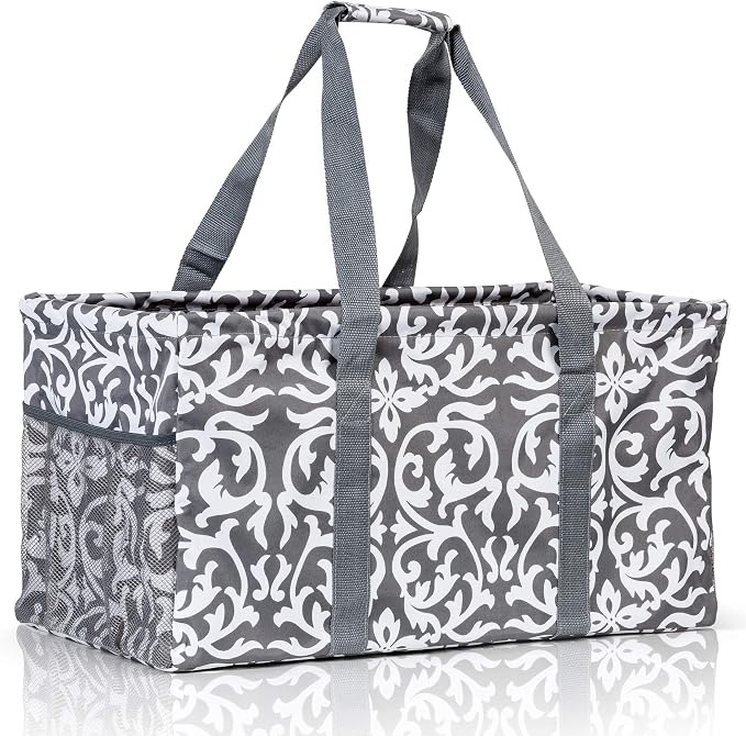 Extra Large Utility Tote Bag - Oversized Collapsible Reusable Wire Frame Rectangular Canvas Basket With Two Exterior Pockets For Beach, Pool, Laundry, Car Trunk, Storage - Damask Gray by Lucazzi