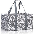 Extra Large Utility Tote Bag - Oversized Collapsible Reusable Wire Frame Rectangular Canvas Basket With Two Exterior Pockets For Beach, Pool, Laundry, Car Trunk, Storage - Damask Gray by Lucazzi