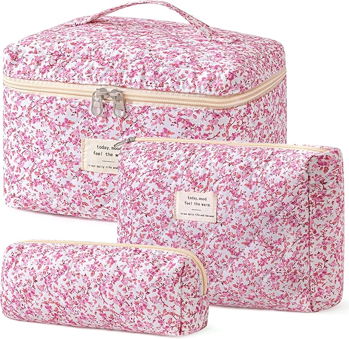 HBselect Quilted Makeup Bag, 3Pcs Cotton Large Travel Makeup Bags Organizer | Cute Floral Make up Bag Cosmetic Bag Toiletry Bag for Women Girls, Makeup Pouch for Skincare, Brushes & Travel Essentials by HBselect