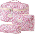 HBselect Quilted Makeup Bag, 3Pcs Cotton Large Travel Makeup Bags Organizer | Cute Floral Make up Bag Cosmetic Bag Toiletry Bag for Women Girls, Makeup Pouch for Skincare, Brushes & Travel Essentials by HBselect