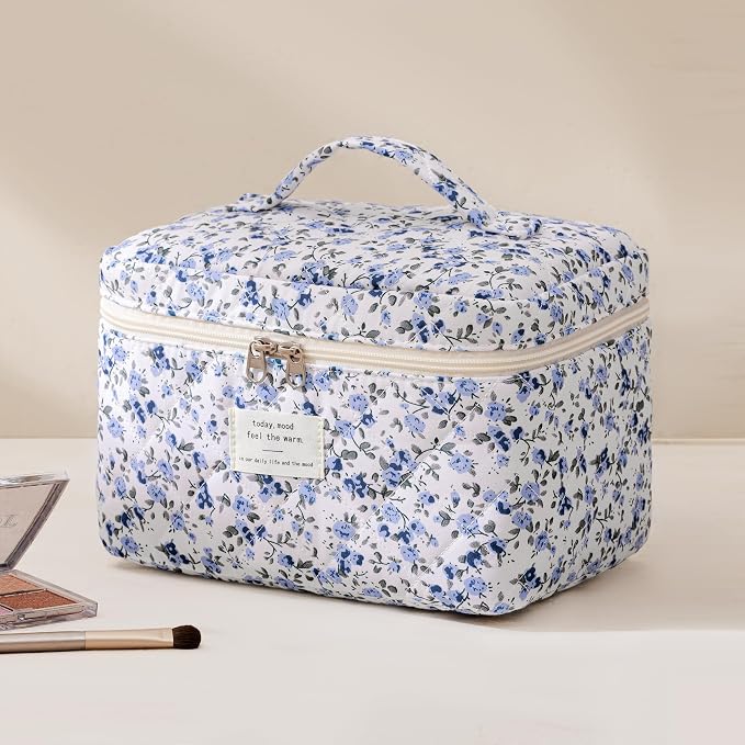 HBselect Quilted Makeup Bag, 3Pcs Cotton Large Travel Makeup Bags Organizer | Cute Floral Make up Bag Cosmetic Bag Toiletry Bag for Women Girls, Makeup Pouch for Skincare, Brushes & Travel Essentials - Image 6