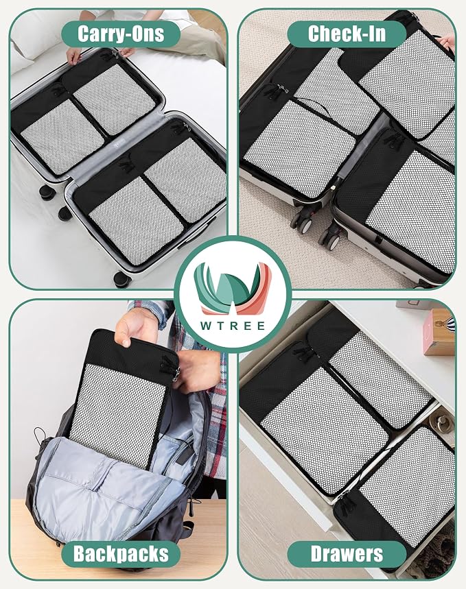 WTREE 4-Piece Packing Cubes Travel Accessories Set for Suitcases - Luggage Organizer Bags with Double Zipper - Mesh Top - Medium - Black - Image 7