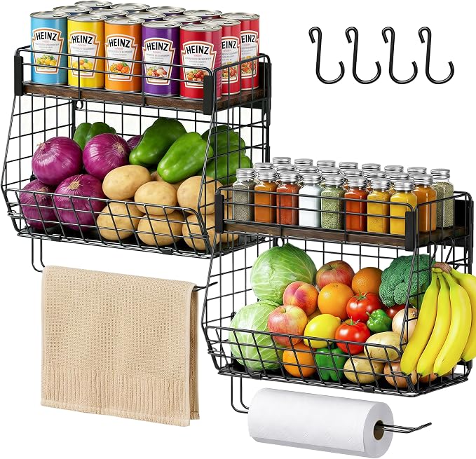 2 Pack Magnetic Spice Rack for Fridge with Paper Towel Holder andf 4 Hook | Fruit Basket Kitchen Storage and Organizer, Full‑Enclosed Magnetic Shelf 33 lbs for Laundry, Pantry, Coffee Bar and RV by CCWOFF