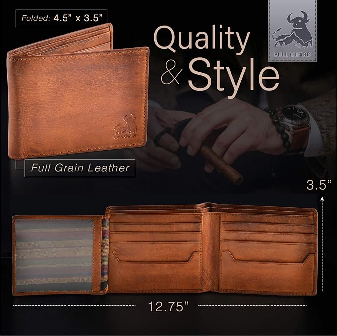 BULL GUARD RFID Blocking Bifold Wallets for Men, Brown Full Grain Leather Credit Card Wallet with 2 ID Windows Premium Security and High Capacity | RFID Blocking - Image 5