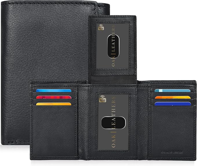 Real Leather Mens Trifold Wallet RFID Blocking Slim Minimalist Front Pocket - Thin & Stylish with ID Window in Gift Box by OakLeathers