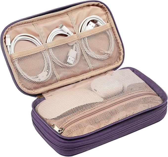 NISHEL Electronics Travel Organizer Cord Case, Charger Cable Tech Bag | Double-layer bag keeps chargers, cables, flash drive, and small tech essentials organized for trip, Medium, Purple - Image 5