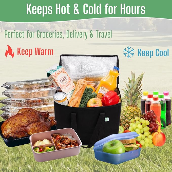 VENO 3 Pack Insulated Cooler Reusable Grocery Shopping Bag Food Delivery | Large Collapsible Cooler, Reusable Shopping Tote w/ Zippers, Foldable, Stands Upright, for Groceries Camping (Black, 3 Pack) - Image 6