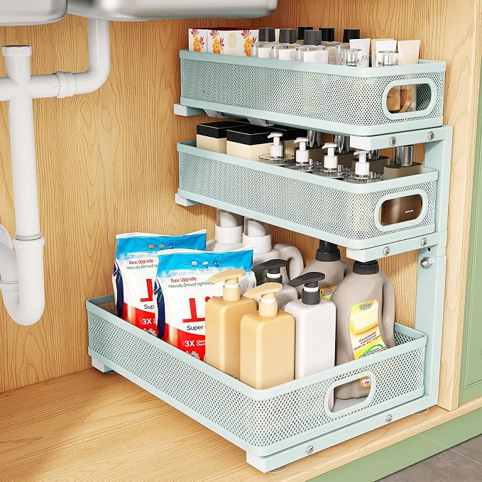 Under Sink Organizer, 1-Pack 3-Tier Height Adjustable Thickened Metal Pull out Cabinet Organizer Shelf, Slide out Storage Drawer Rack for Bathroom Kitchen Pantry Home Organization, LightBlue by Kitstorack