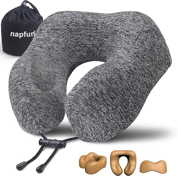 napfun Neck Pillow for Travel, Memory Foam Airplane Pillow, Full Grey | 360° Neck Support, Upgraded 100% Memory Foam for Airplane, Car, Train, Bus, Office Sleep, Travel Essentials for Long Flights by NAPFUN