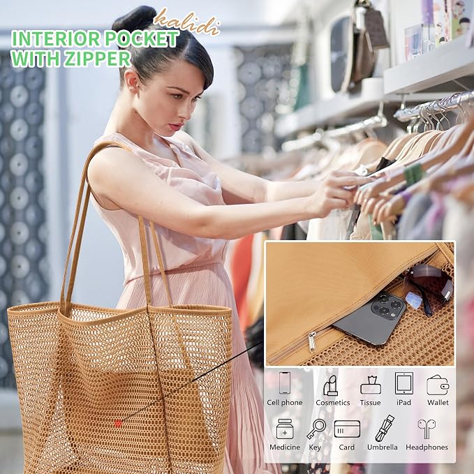 KALIDI Beach Mesh Tote Bag, Casual MAX 23L Summer Foldable Hobo Bag Women | Sandproof Widen Strap Large Shoulder Bag For Lake Pool Vacation Travel Picnic Grocery Market Shopping Carrier - Image 3