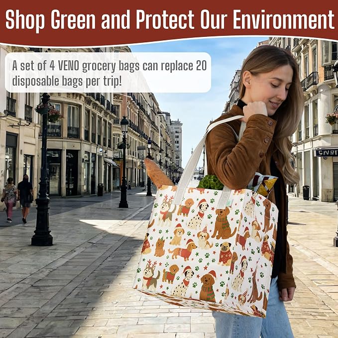 VENO 4 Pack Large Grocery Bag Reusable Shopping Bags with Hard Bottom | Utility Tote with Reinforced Handles, Heavy Duty, Foldable, Stand Upright, for Groceries Shopping Cart(Holiday Pups, 4 Pack) - Image 7