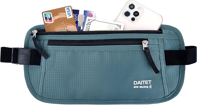 RFID Blocking Money Belt for Men Women, Slim Fanny Pack for Travel，Running,Conceal Waist Wallet for Passport Holder,Phone,Cash(Turquoise) by DAITET