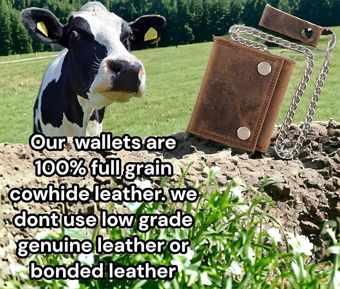 F&L CLASSIC RFID Blocking Men's Tri-fold Vintage Biker Cowhide Leather Steel Chain Wallet,Snap closure, USA,Vintage buffalo brown,315 - Image 5