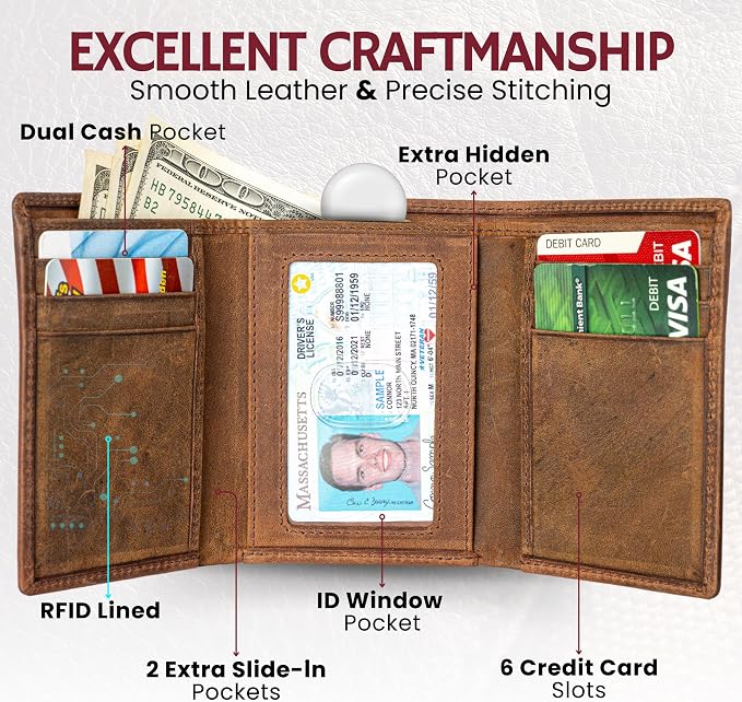 BULL GUARD Leather Trifold Wallets For Men with ID and RFID Blocking Great For Work, Sports, Outdoors - Image 2