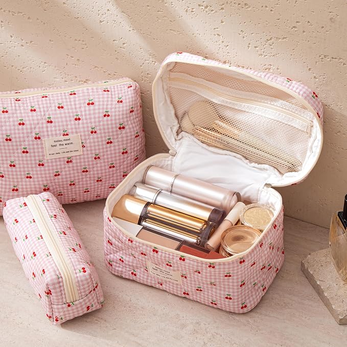 HBselect Quilted Makeup Bag, 3Pcs Cotton Large Travel Makeup Bags Organizer | Cute Floral Make up Bag Cosmetic Bag Toiletry Bag for Women Girls, Makeup Pouch for Skincare, Brushes & Travel Essentials - Image 2