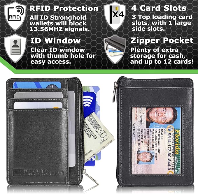 ID Stronghold RFID Front Pocket Wallet Mini Minimalist Wallet Slim Wallet Genuine Leather with Zipper, Small Black - Image 3