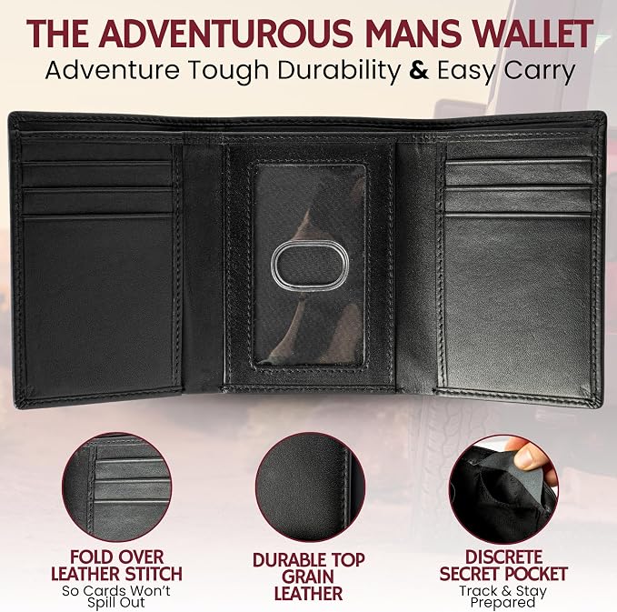 BULL GUARD RFID Leather Trifold Wallets for Men ID Window, Secret Pocket, Black - Image 4