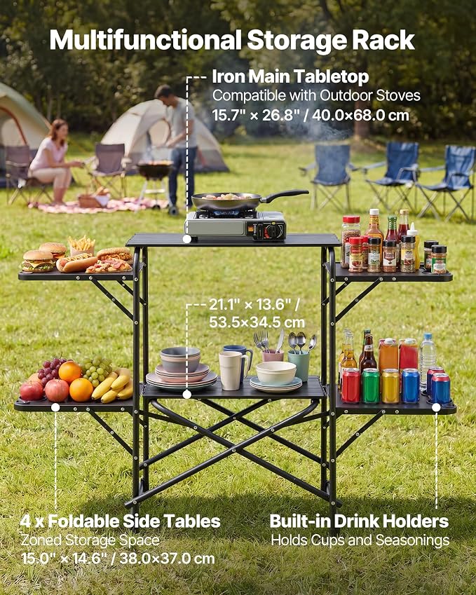 VEVOR Camping Kitchen Table, Slim-Fold Cook Station, Portable Folding Table, with 4 Side Tables, Heat Resistant Tabletop, and Carrying Bag, Ideal for Outdoor Picnics, BBQs, Camping, RV Traveling - Image 4