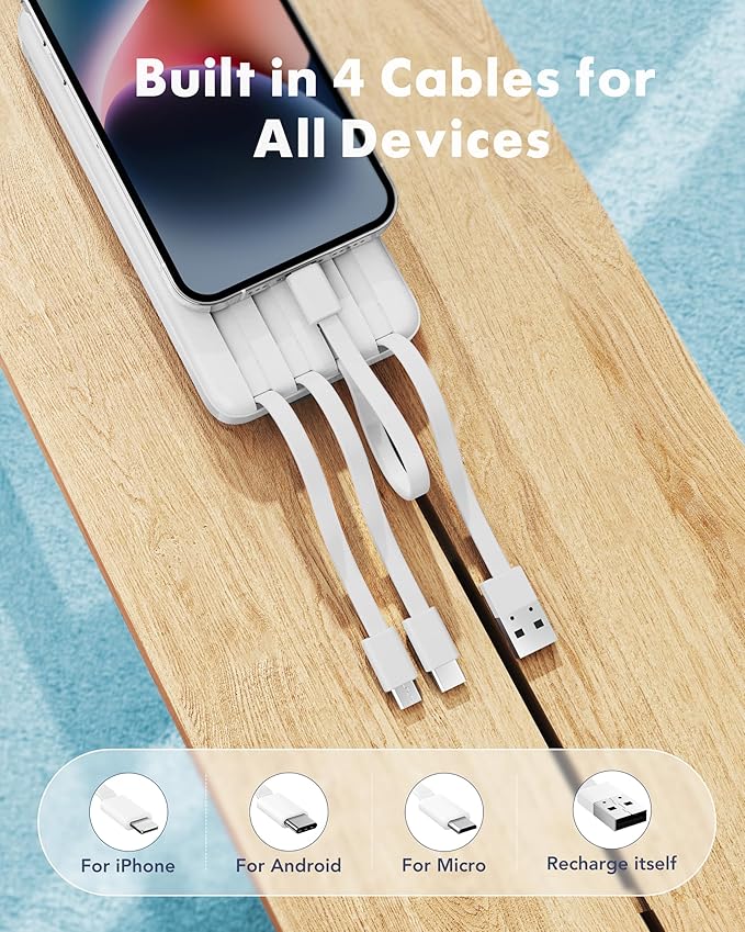 charmast Power Bank Portable Charger with Reinforced Built-in 4 Cables | 3A Fast Charging,10000mAh,6 Outputs 3 Inputs,Travel Essentials,TSA Compliant,LED Display,compatible with iPhone Samsung Moto - Image 2
