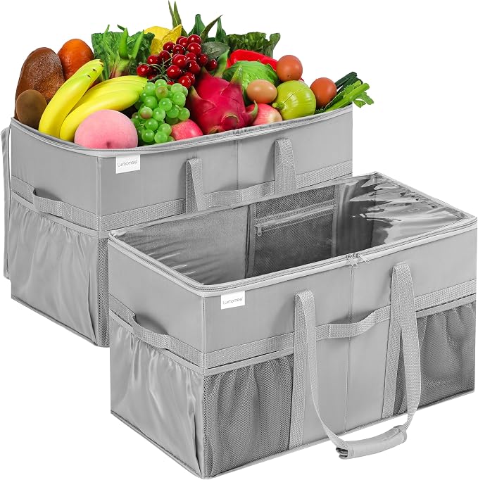 Extra Large Utility Tote Bag, 2 Pack Reusable Grocery Bags Heavy Duty, Sturdy Structured Tote Bag with Pockets & Handles, Foldable Shopping Bags for Groceries, Collapsible Totes with Lids 22x11.5x13in by Luvhomee