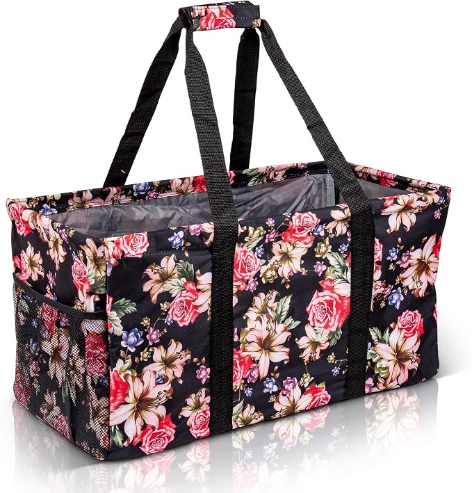 Extra Large Utility Tote Bag, Oversized Collapsible Reusable Wire Frame Rectangular Canvas Basket With Two Exterior Pockets For Beach, Pool, Laundry, Car Trunk, Storage - Rose by Lucazzi