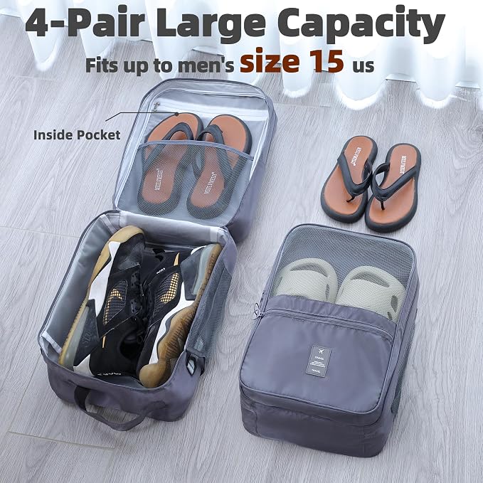 Shoe Bags for Travel Holds 4 Pair of Shoes, Shoe Storage Pouch with 2 Pack Portable Bags, Waterproof & Washable, Grey & Large - Image 4