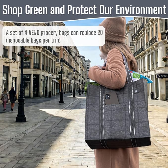VENO 4 Pack Large Grocery Bag Reusable Shopping Bags with Hard Bottom | Utility Tote with Reinforced Handles, Heavy Duty, Foldable, Stand Upright, for Groceries Shopping Cart (Windowpane, 4 Pack) - Image 7