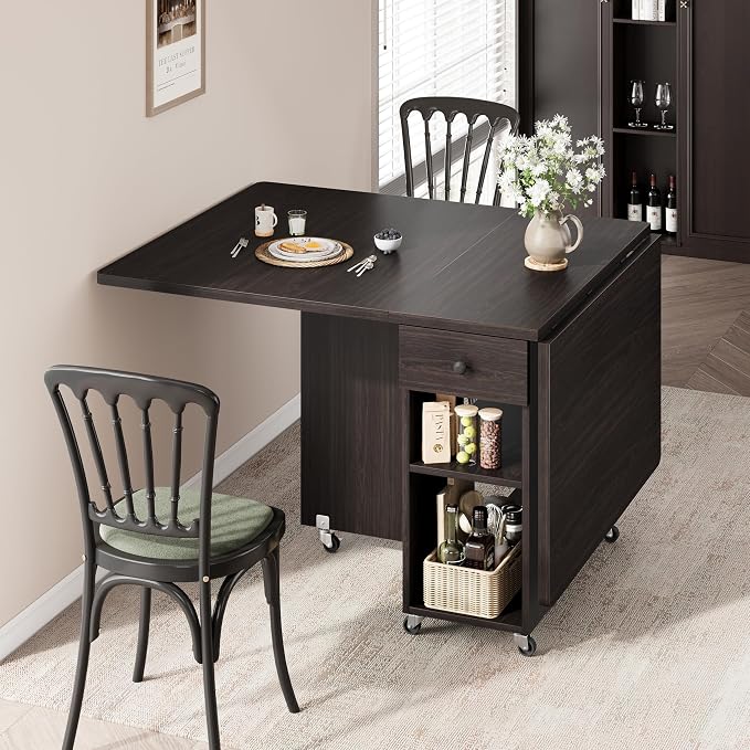 Jocoevol Space Saving Folding Dining Table for 4, Foldable Dining Table with Drawer and Storage Shelf, 6 Wheels Drop Leaf Kitchen Dining Room Table for Small Space (Walnut, 47.2" x 23.6" x 29.9") - Image 9