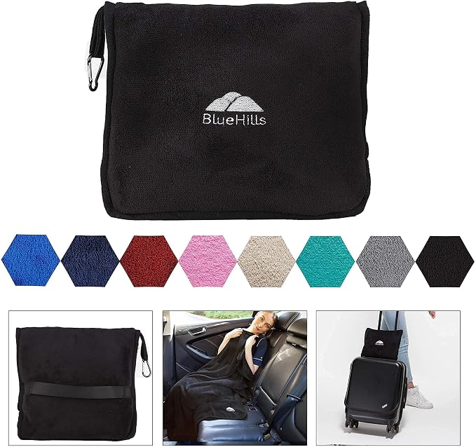 BlueHills Premium Soft Travel Blanket Pillow Value Pack Set of 2 - Airplane Flight Blanket Throw in Soft Bag with Luggage Belt Compact Pack Large Blanket for Travel Grey and Black Color - Image 4