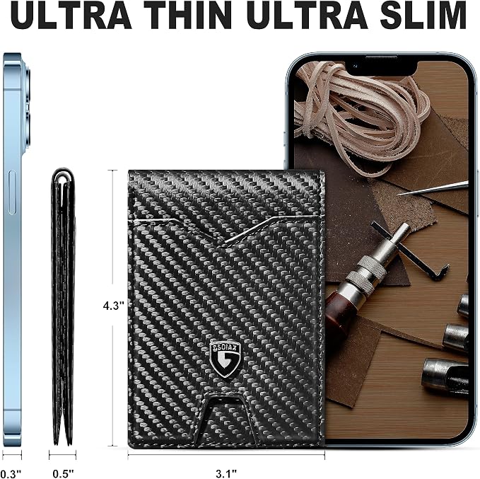 GSOIAX Slim Wallet for Men Rfid Blocking Leather Bifold Front Pocket Carbon Fiber Men's Money Clips Credit Card Holder With Gift Box - Image 5