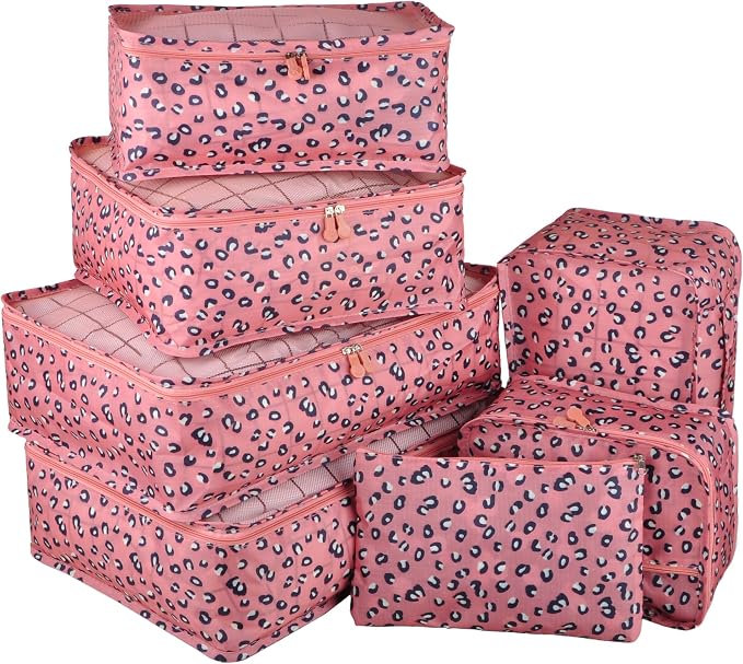 Vercord 7 Set Travel Packing Organizers Cubes Luggage Suitcase Organizer Bags Clothes Underwear Cube Shoe Pouch Pack Pink Leopard by Vercord