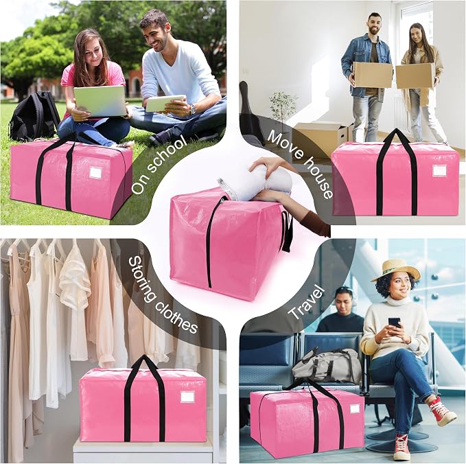 VELVETSURE 12 Pack Heavy Duty Large Moving Bags W/Backpack Straps - Strong Handles & Zippers, Storage Totes For Space Saving, Fold Flat, Alternative to Moving Box and Storage Bin, Pink - Image 6