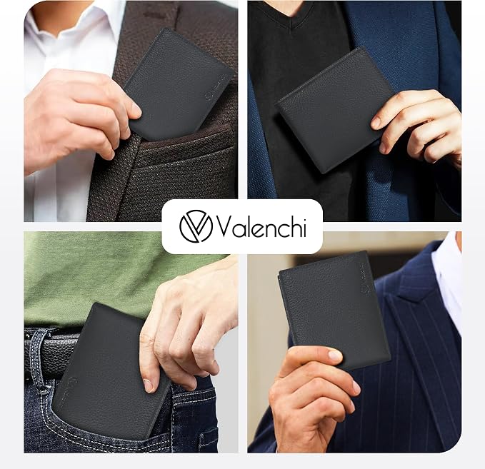 VALENCHI Genuine/Real Leather Bifold Wallet For Men - RFID Blocking/Protected Men's Slim Wallet -Christmas Gifts For Men (Black Pebble BF01) - Image 7