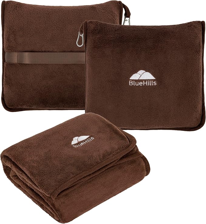 BlueHills Premium Soft Travel Blanket Pillow Air Plane Essentials - Brown | Travel Pillow/Blanket, Portable Flight Throw in Soft Bag Pillowcase, Lightweight Comfort, Luggage Strap, Airplane Essentials by BlueHills