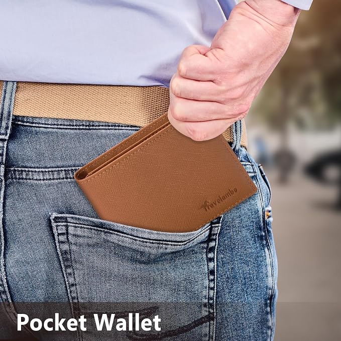 Travelambo Leather Wallet for Men, Slim Minimalist RFID Credit Card Holder | Mens Thin Bifold Pocket Wallet, Gift for Father, Crosshatch Brown - Image 7