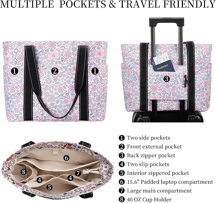 Tote Bag for Women with Laptop Compartment & Cup Holder,Nylon Bag for Work,Travel,Gym,Beach,Teacher,Nurse,School,Mom - Image 4
