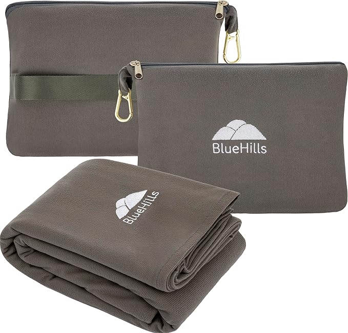 BlueHills Premium Soft Lightweight Travel Blanket Pillow Airplane - Gray | Luggage Strap & Carabiner Included, Compact & Lightweight, Pocket Size, Portable Zipper Case, Airplane Traveling Essential by BlueHills