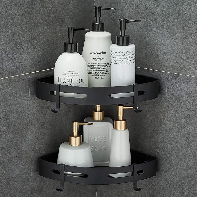 Adhesive Corner Shelf Bathroom Shower Caddy Organizer for Kitchen Toilet No Drilling 2-Tier Bathroom Corner Shelves Shower Caddies | For Kitchen Toilet No Drilling 2-Tier Bathroom Corner Shelves Shower Caddies Black by Hoomtaook